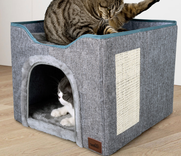 DEWEL 猫ハウス キャットハウス 犬 ペット ハウス ベッド 折りたたみ式 クッション ソファー 爪とぎ 二層 猫用 猫寝床 小型犬 多頭用 夏 通年 ふわふわ 組立簡単 お手入れ簡単 冬寒さ対策 幅43 奥行43 高さ35.5cm