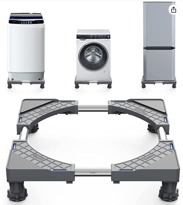 洗濯機 台 DEWEL 冷蔵庫 台 洗濯機パン 排水パン ノイズリダクションブラケット 耐荷重約300kg かさ上げ 目盛り付き伸縮式・サイズ調整可能 幅/奥行44～66.5cm 減音防振 調節簡単 昇降可能 4足 ステインレス製 ジャッキ付き 防振パッド付き