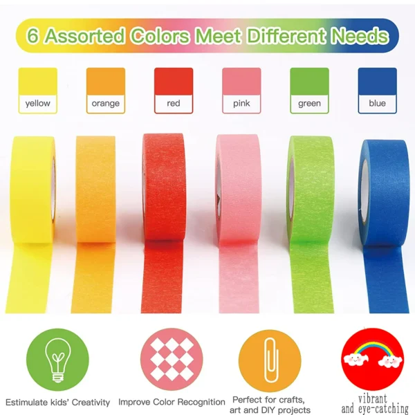 DEWEL Colored Masking Tape, Rainbow Painter Tape, Washi Tape Set, 1 in. x 22 yd., 6 Pack - Image 10
