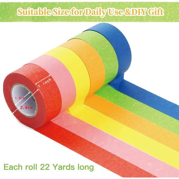 DEWEL Colored Masking Tape, Rainbow Painter Tape, Washi Tape Set, 1 in. x 22 yd., 6 Pack - Image 3
